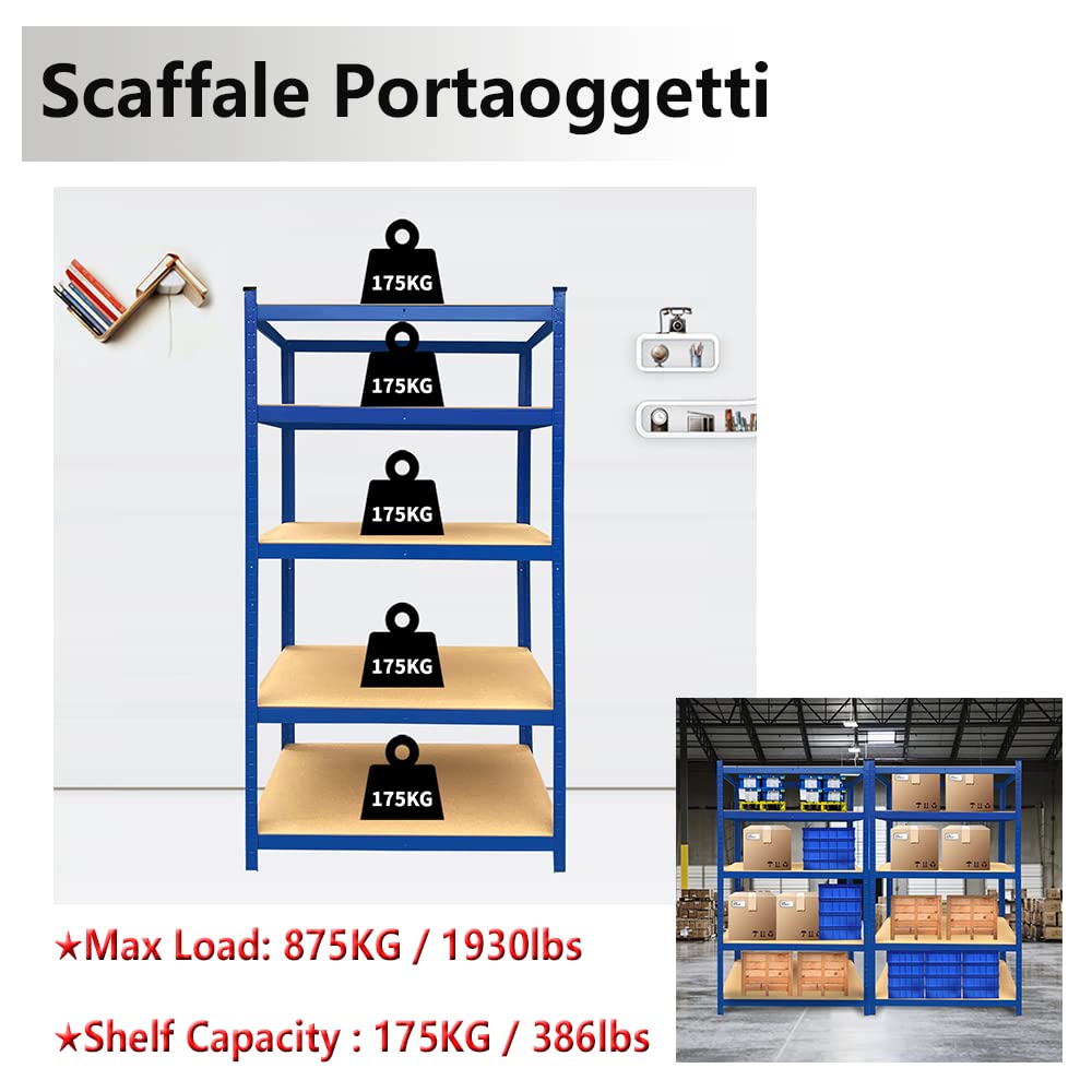 Scaffalatura Metallo per Magazzini, Scaffali per Cantine, Officine,Scaffale Metallo Garage, con 5 Ripiani, Portata Massima 875kg,Include Piedini in Plastica e Connettori a Pavimento,200x100x50cm