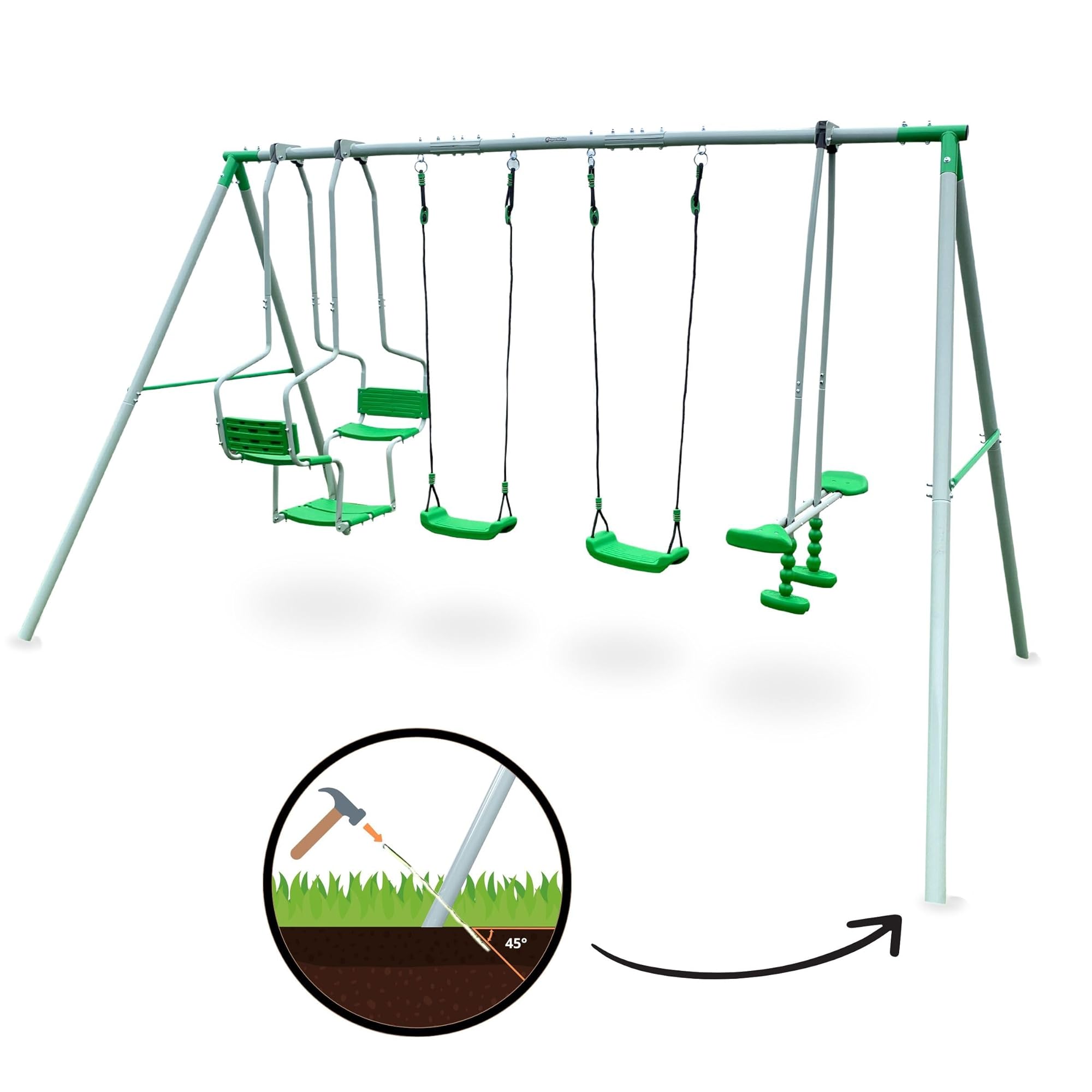 HyperMotion 6-Personen-Schaukel für Kinder 3+, Gartenschaukel mit 2 klassischen Schaukeln, Wippschaukel und Doppelschaukel, verstellbare Seile, wetterfest, Grün