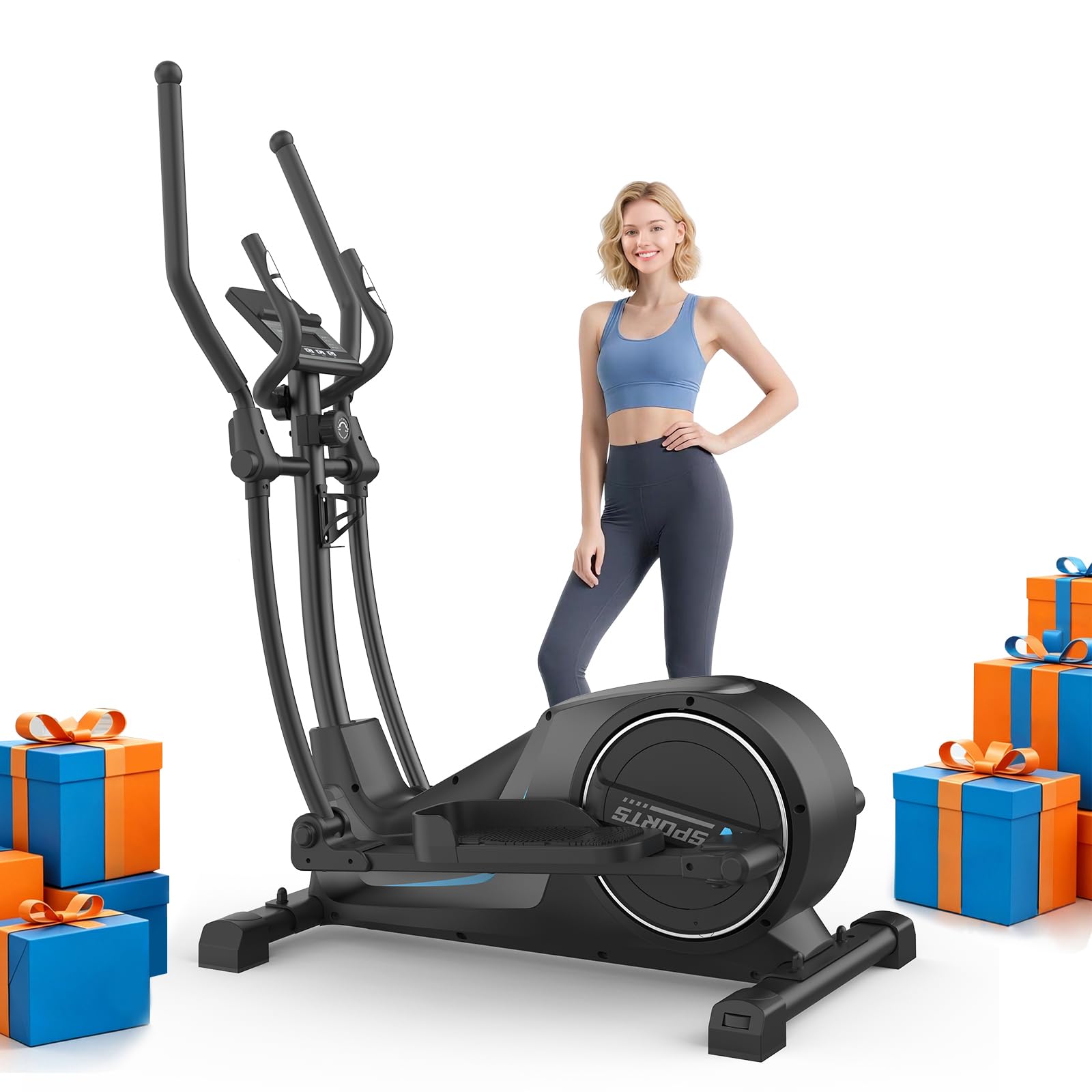 Elíptica para Casa, Bicicleta Elíptica Magnética Ultrasilenciosa con 16 Niveles de Resistencia, Volante de Inercia de 8 kg, Zancada de 42 cm, Monitor LCD, Portabotellas, Carga Máx 150 kg