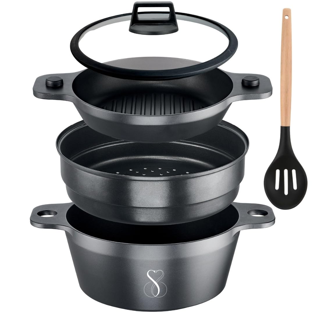 Stone&Stone Set Vaporiera 24 cm – Pentola, Griglia e Piroscafo per Cucina a Vapore, Cuoci Pasta, super Antiaderente tedesco, Induzione, Forno e Gas + Coperchio, 1 Cucchiaio e 2 Presine in Silicone