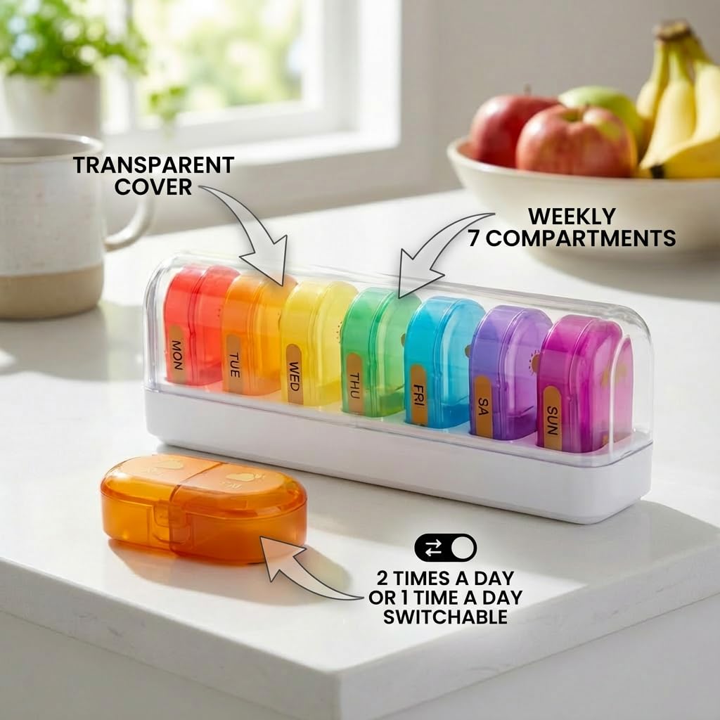 POPCUBE Weekly Medicine Organizer Box 7-Day 2 times a day, XXL Large Pill Organizer, Cute and Colorful Pillbox, Pill Organizer Box with Clear Lids for Vitamin, Medicine, Supplement, Fish Oil (Multicolor) 1