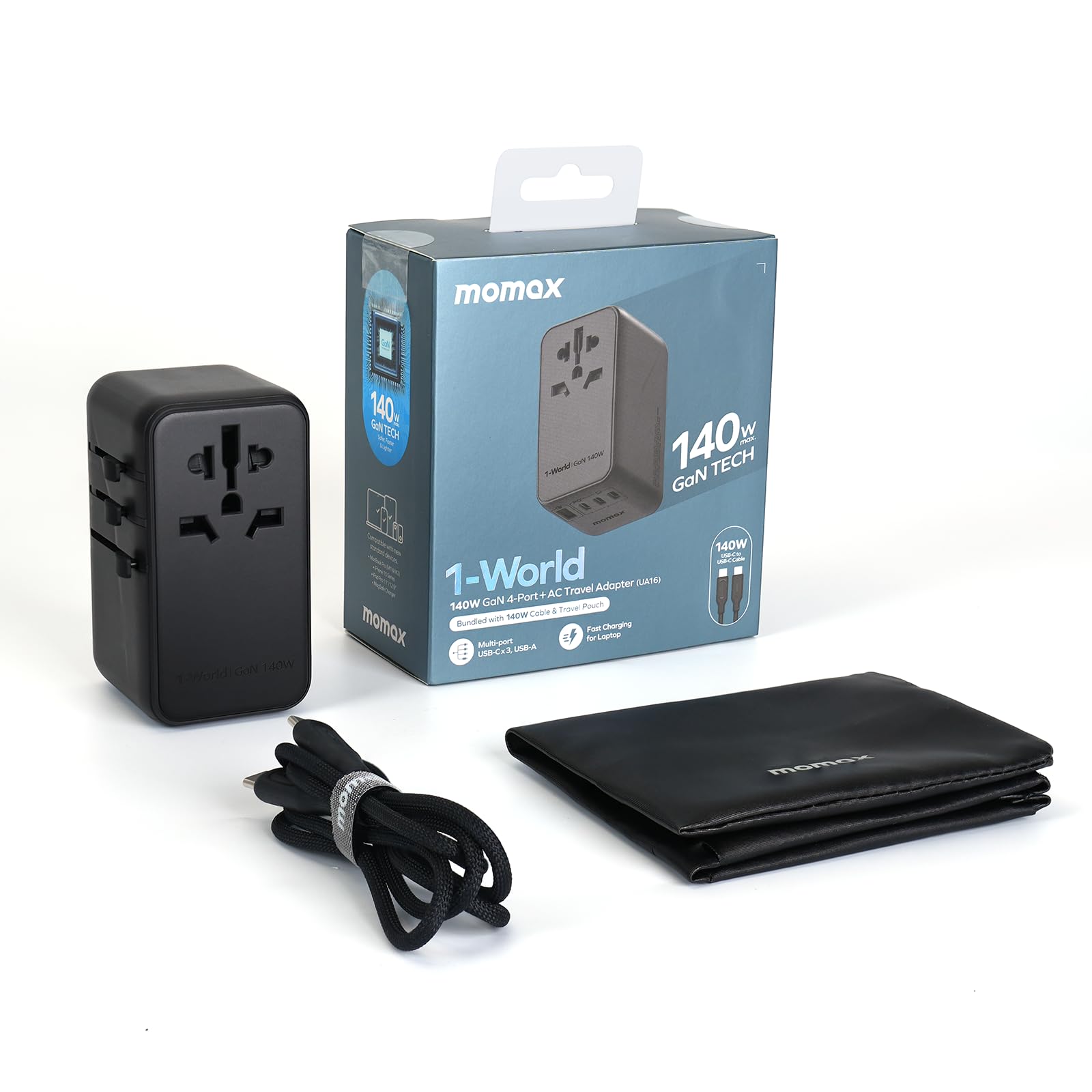 MOMAX 140W Universal Travel Adapter, GaN Technology, EU/UK/AUS/US/JP Worldwide, Fast Charging for iPhone, MacBook pro, Vision Pro, Charging Cable Included