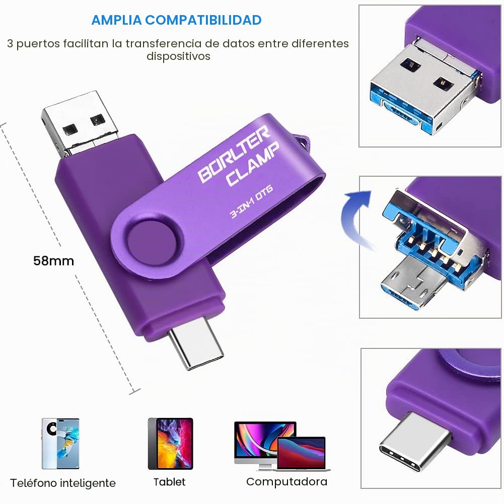 Memoria USB 3.0 de 256 GB Unidad Flash 3 en 1 para Teléfonos Android, BorlterClamp Pendrive OTG Memory Stick con 3 Puertos (USB C/microUSB/USB 3.0) para Samsung Galaxy, PC y Más (Púrpura)