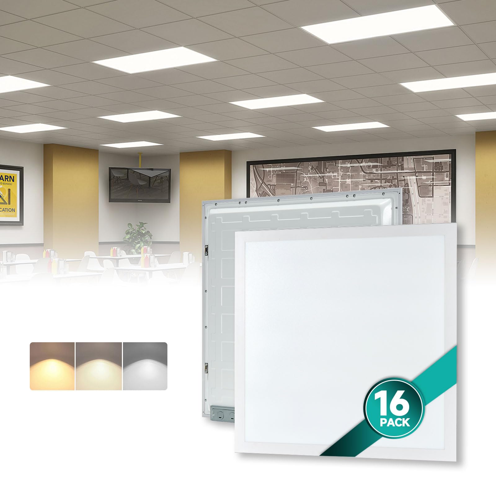 16-Pack 2x2 LED Flat Panel Light Drop Ceiling, 0-10V Dimmable, 3CCT Selectable (5000K 4000K 3000K) &amp; 3 Wattage Switchable (40W 30W 20W), 100-277Vac, ETL &amp; DLC