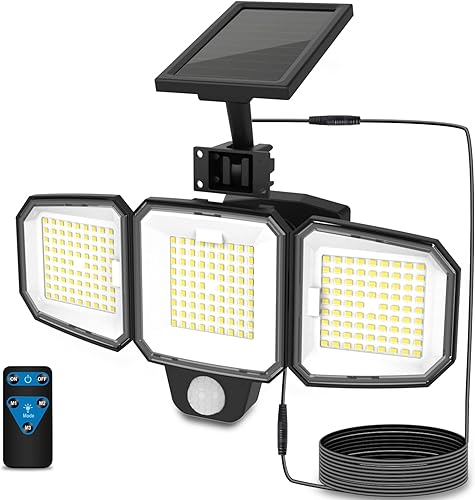 CEOTIS Solar Outdoor Lights 240 LED 3500LM Motion Sensor Lights IP65 Waterproof 3 Heads Security Flood Lights Separate Solar Panel 270 Wide Angle