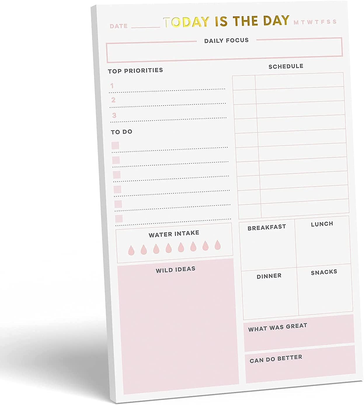 Sweetzer & Orange Today Is The Day Daily Planner Notepad (Pink) Undated Planner, Daily Agenda, Focus, and To Do List Notepad with Daily Checklist. 52 Day Planner Calendar Pages, 6x9 Organizer Planner