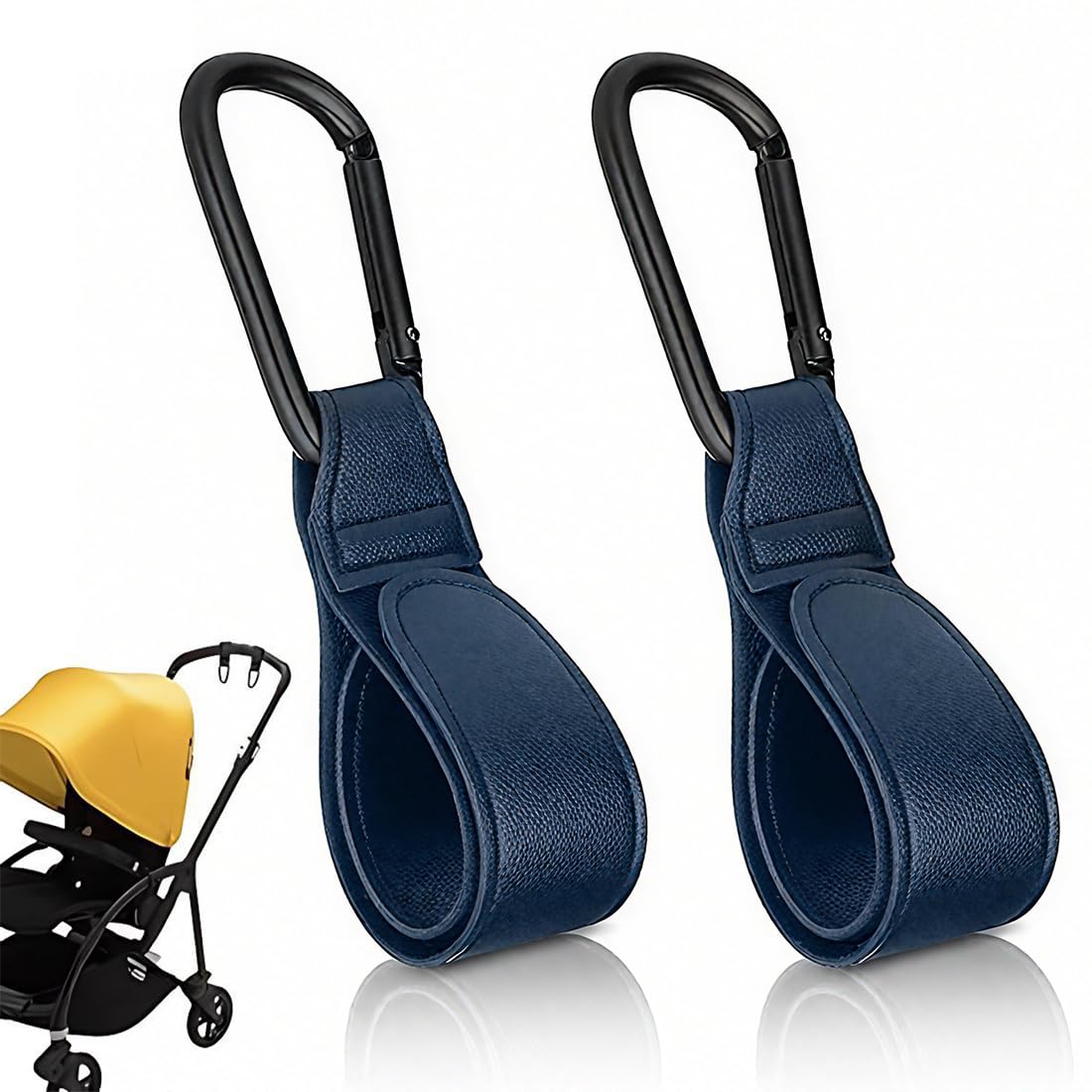 Set di 2 Ganci per Passeggino in Pelle PU - Accessorio Universale per Carrozzine e Borsine, Superficie Antiscivolo, Regolabile con Portata fino a 10 kg - Blu, 20 x 3 x 1 cm