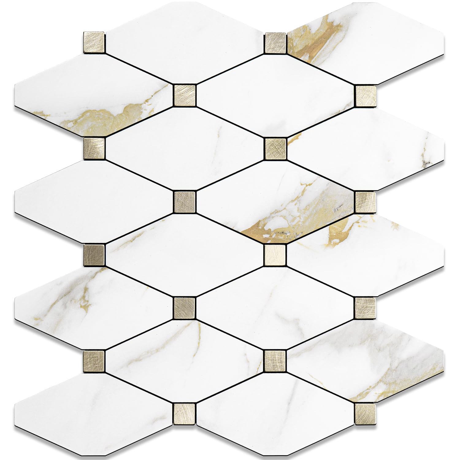 STICKGOO 1 Sheet Peel and Stick Backsplash, Calacatta Golden Stick on Aluminum Composite Tiles Stikers, Self Adhesive Mixed Metal Backsplash for Kitchen, Bathroom, Fireplace, RV