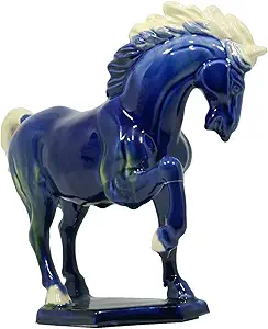 Ceramic Horse Sculpture -8 inch Hand Made Tri-Color Cultural Art Piece,Museum Collection Inspired Home and Office Decor (Blue)