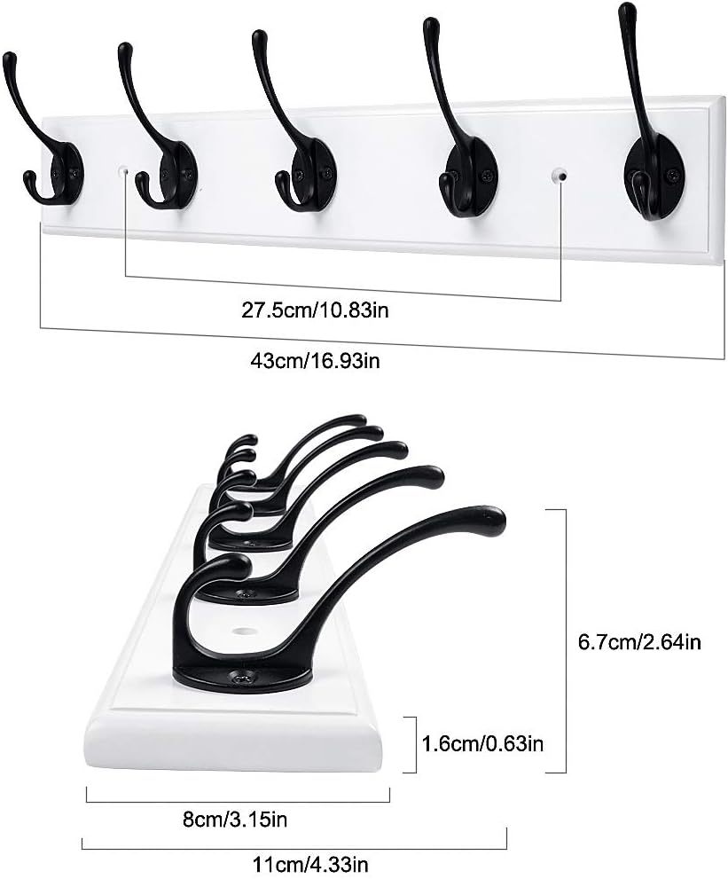 RUTAI Wall Mounted Coat Rack,Bamboo 17 inch Wall Hanging Shelf with 5 Black Dual Hooks for Hallway,Bathroom,Living Room,Bedroom,2 Pack,White