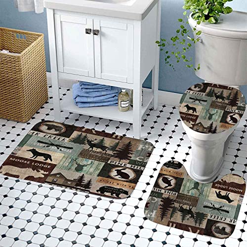 Dia Magico 4Pcs Rustic Cabin Shower Curtain Set, Patchwork Black Bear Deer Elk Moose Fox Rabbit Woodland Animals Hunting Lodge Country Farmhouse Bathroom Decor Fabric Shower Curtain, Non-Slip Bath Mat #TOP4