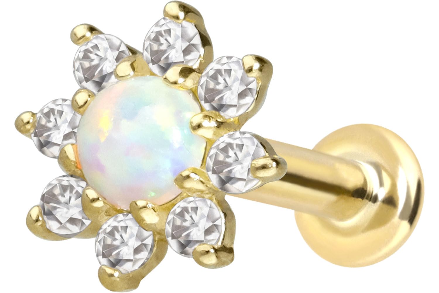 PIERCINGLINE 14 Karat Gold Ohr-Piercing Labret mit Innengewinde MOISSANIT-BLUME + synth OPAL Farb & Größenauswahl