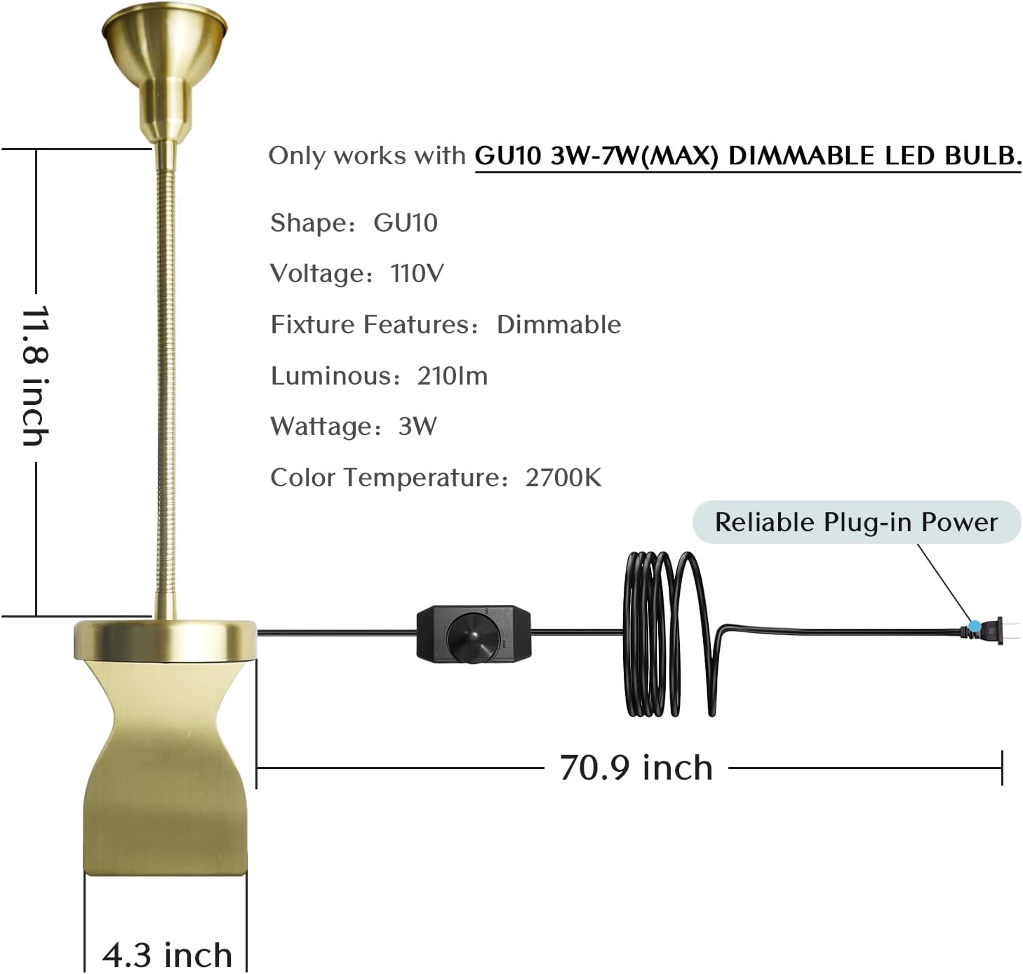 Solfres Patented Innovative Design Headboard Reading Light. No Drilling Golden Book Light for Bedtime Reading. Dimmable LED Book Reading Lamp with Bulb. Movable & Flexible, Gold