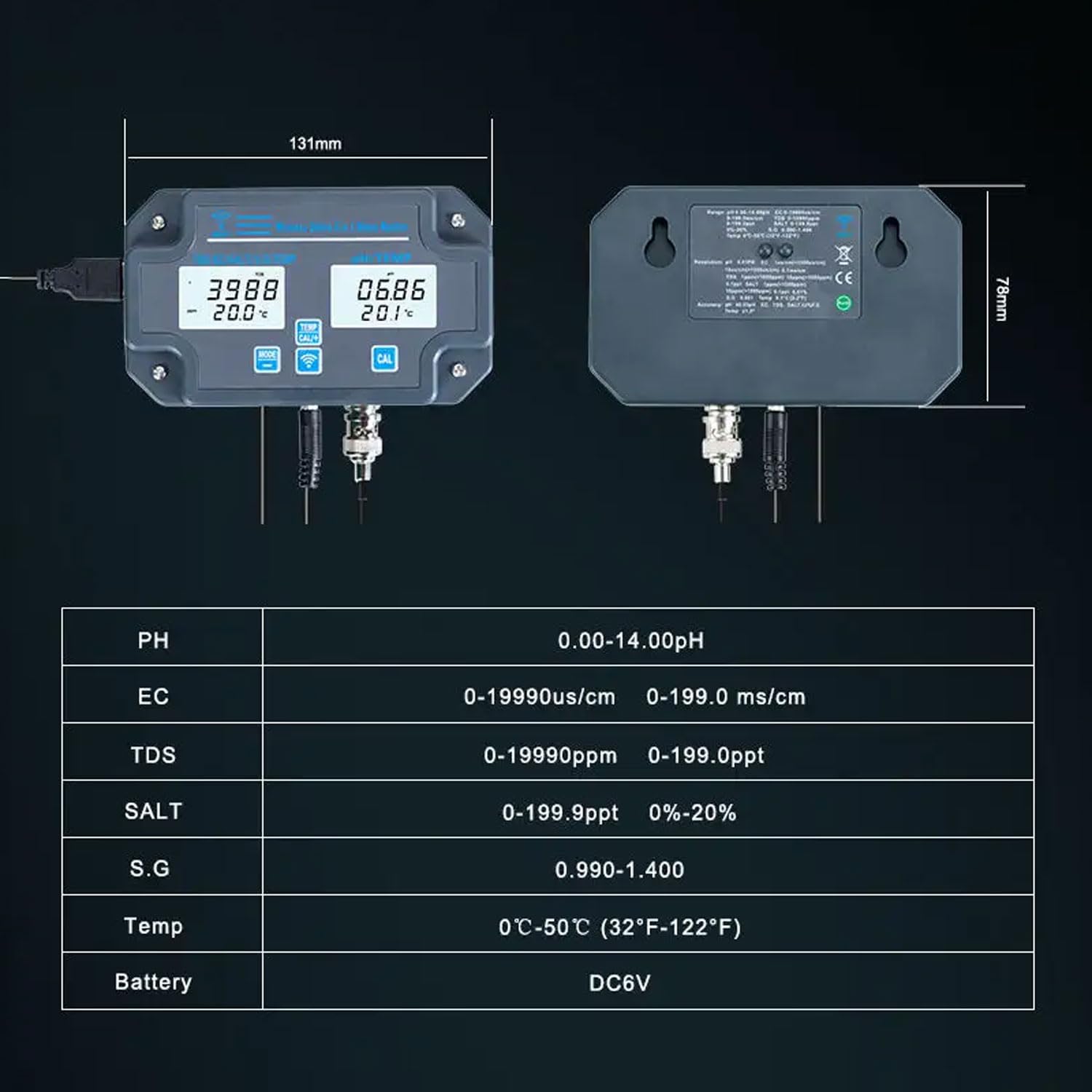 Testeur De Qualité De L'eau Professionnel 6 En 1, Moniteur De Qualité De L'eau Multifonction LCD Numérique, Analyseur De Qualité De L'eau PH/EC/TDS/SEL/S.G/température Pour Eau Potable, Aquarium, Aqua