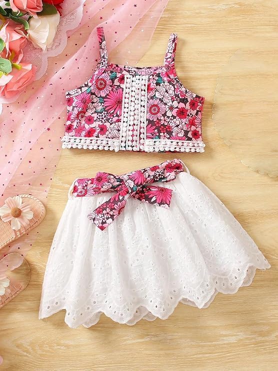 Image of PAMBERSTON Girls Dress Set, Floral Print Sleeveless Top with White Skirt and Bow Detail | Cute Casual Outfit for Girls | Perfect for Parties, Birthday, Wedding