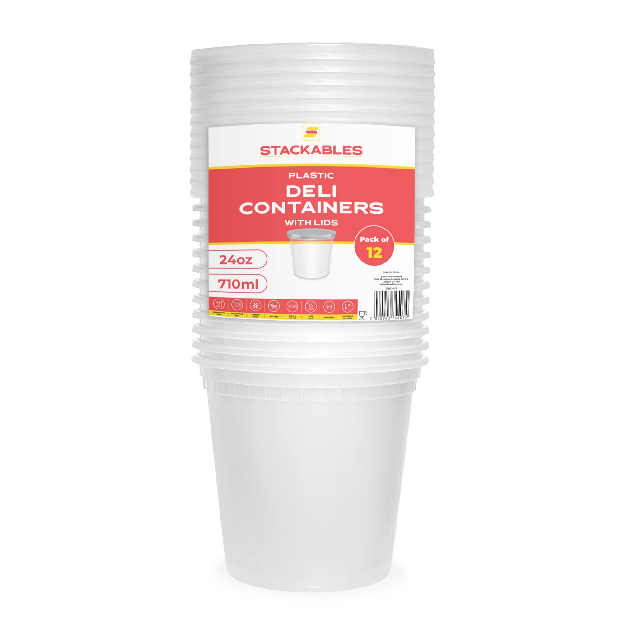STACKABLES ~ Pack van 12 ronde plastic voedselopslag Container Set (24oz - 709ml) ~ Plastic Deli Containers met Deksels ~ Herbruikbare Afhaalmaaltijdbakken Vaatwasser & Magnetron Veilig