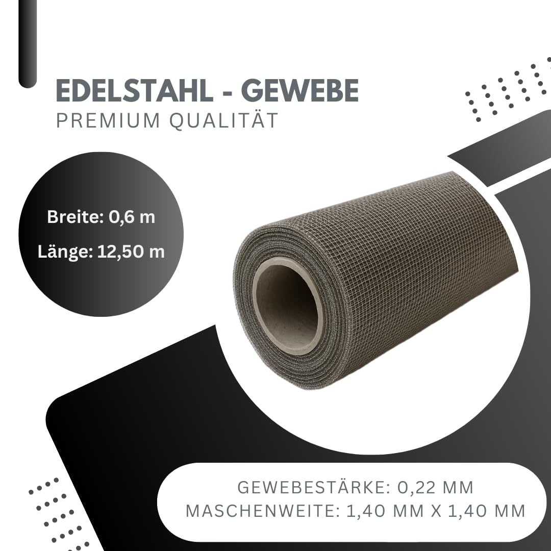 Edelstahl Fliegengitter 12,5 m x 0,6 m | V2A Edelstahlgewebe feinmaschig, robust & zuschneidbar – Insektenschutz, Nagerschutz, wetterfest | 12,5 m x 60 cm Breite