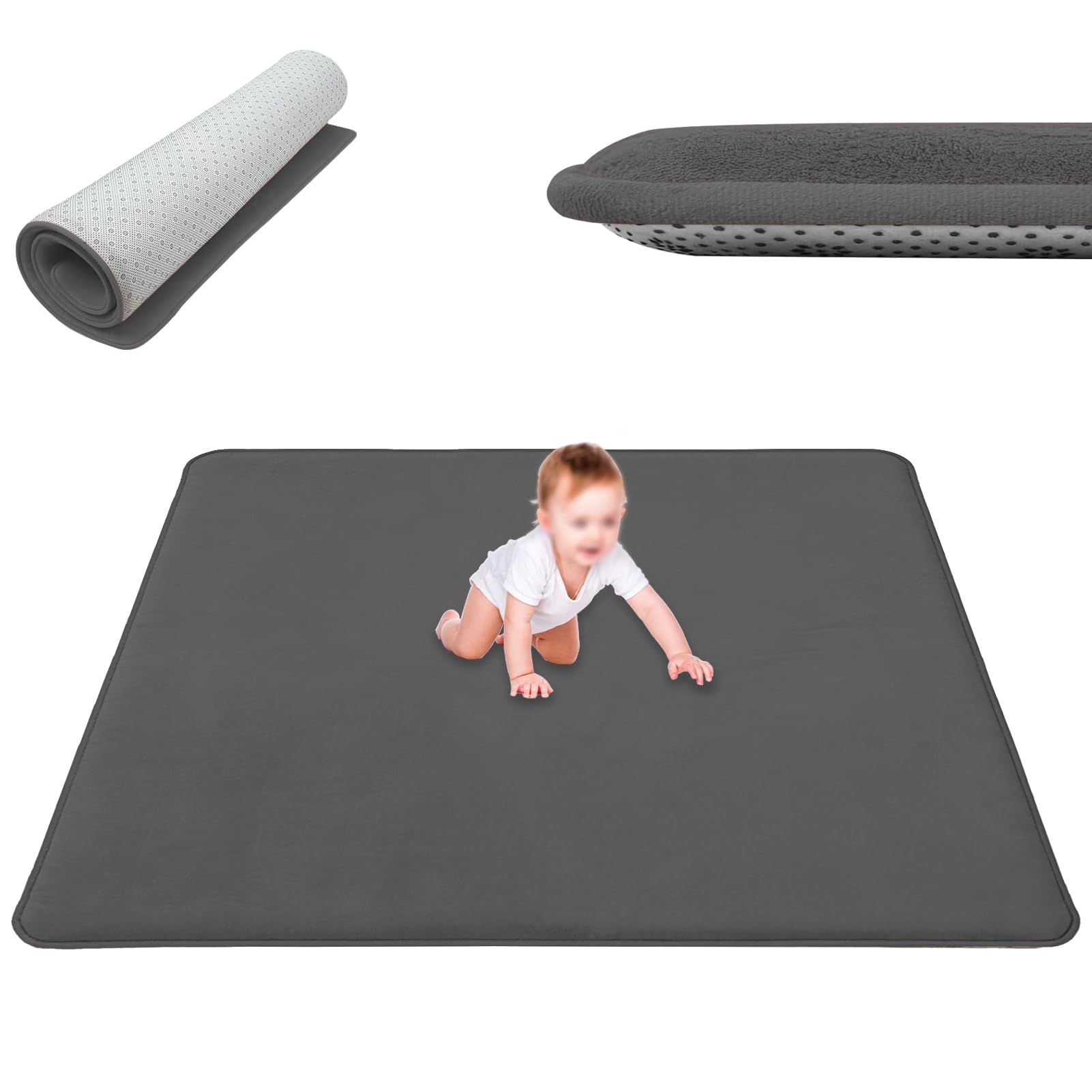 Baby Crawling Mat Large Coral Velvet Baby Play Mat 2 cm Thick Playmat for Babies, Nursery Rug for Toddlers Infants Non-Slip Area Rug Activity Floor Mat for kids Playroom Bedroom Grey 160 x 160 cm