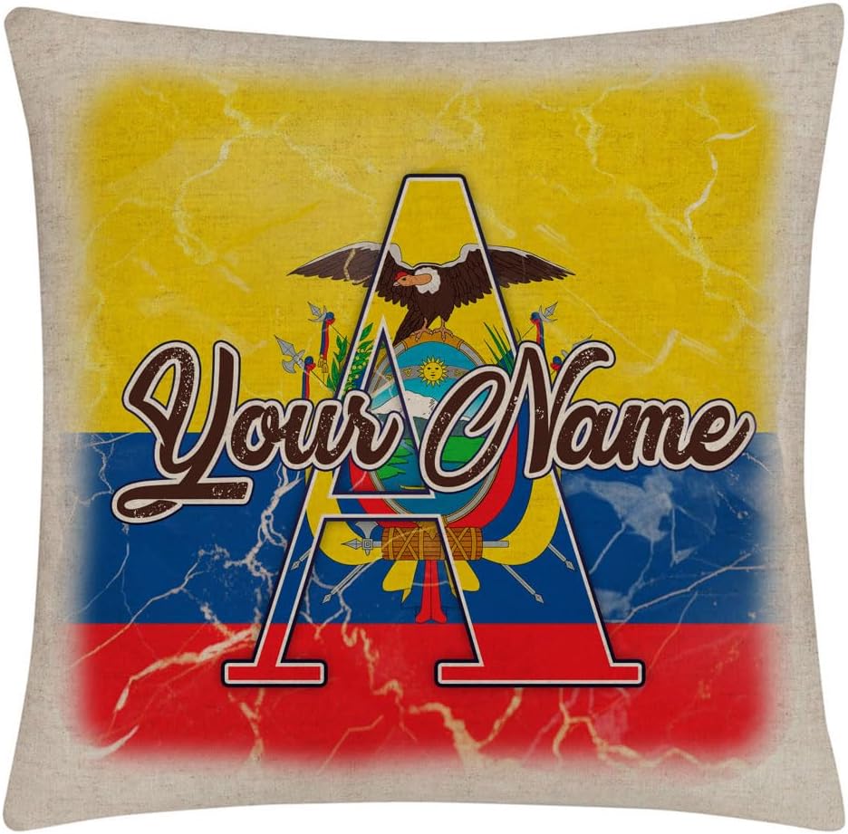 Bleu Reign Personalized Throw Pillow Cover Custom Name Ecuador Flag Marble Monogram 15.75x15.75 inches Linen - no Insert