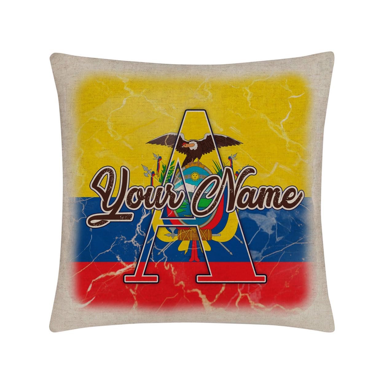 Bleu Reign Personalized Throw Pillow Cover Custom Name Ecuador Flag Marble Monogram 15.75x15.75 inches Linen - no Insert