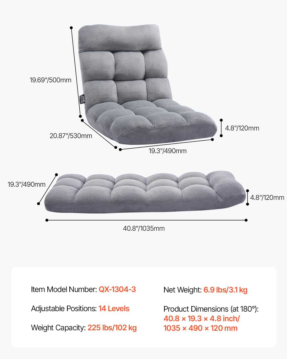 VEVOR Bodenstuhl Klappsofa aus Recyclingschaum mit 14 einstellbaren Positionen, multifunktionaler Bodentuhl mit Rückenlehne, ideal zum Schlafen & Lesen, Boden-Gamingstuhl für Kinder, grau