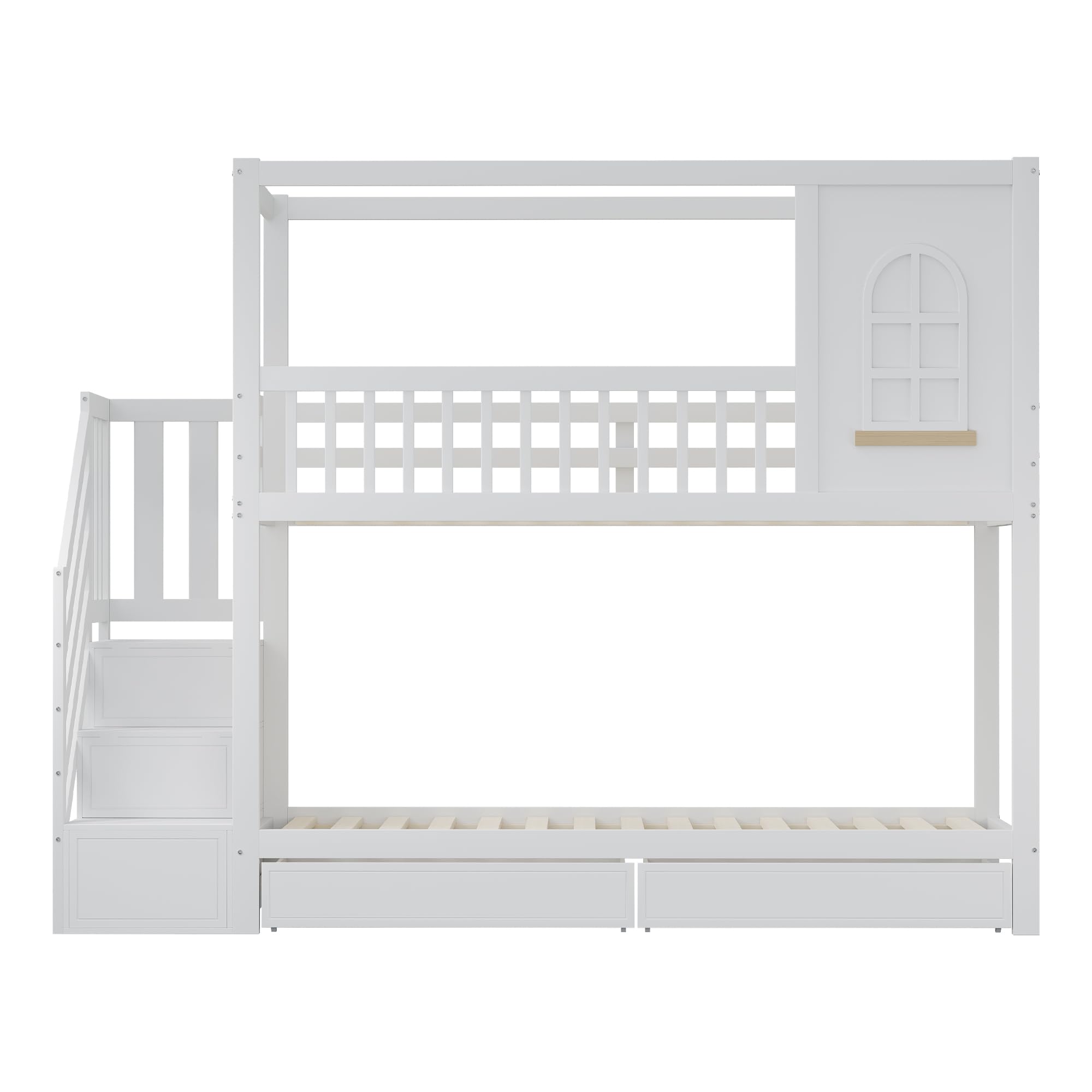 Moimhear Etagenbett Kinderbett, Massivholz Doppelbett, Hausform mit Fenstern, Sicherheitszaun-Design, Mit Aufbewahrungsschubladen und Sicherheitsleiter (Weiß, 90x200cm)