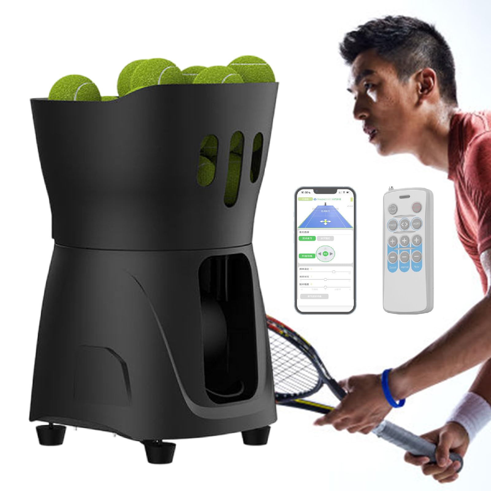 Máquina de Pelotas de Tenis y Pádel Inteligente - Control Inteligente, Velocidad y Efecto Ajustables, Alimentación Automática y Múltiples Modos de Saque para Entrenamiento Integral,Black