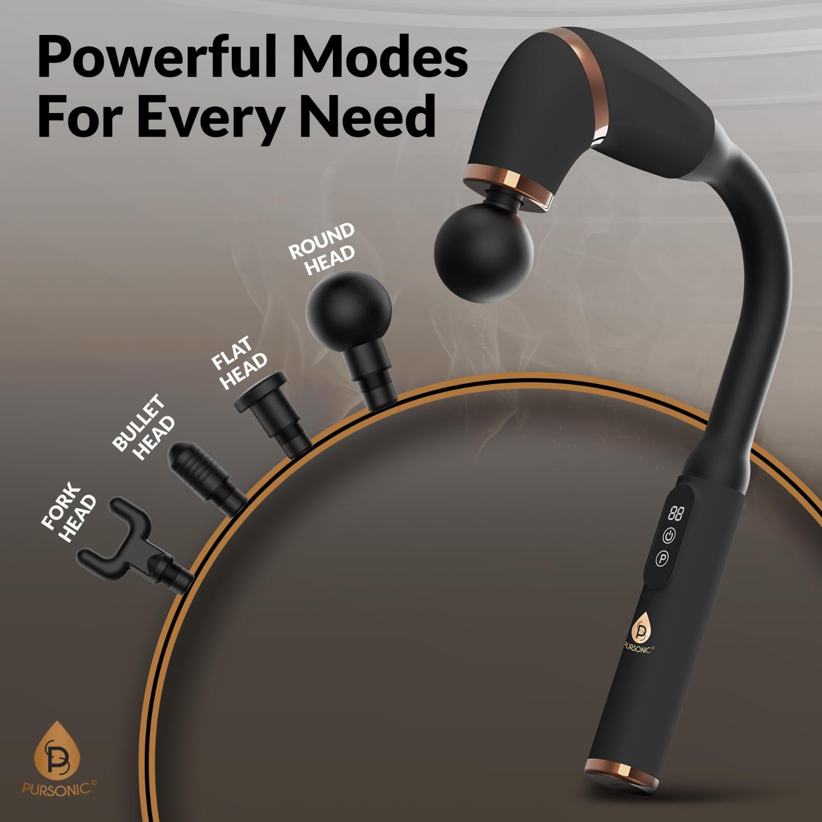 Pursonic Pistola de masaje de tejido profundo con diseño en forma de U y mango largo, masajeador de espalda de mano con 4 cabezales, 6 velocidades, recargable por USB-C para cuello, hombros, piernas y