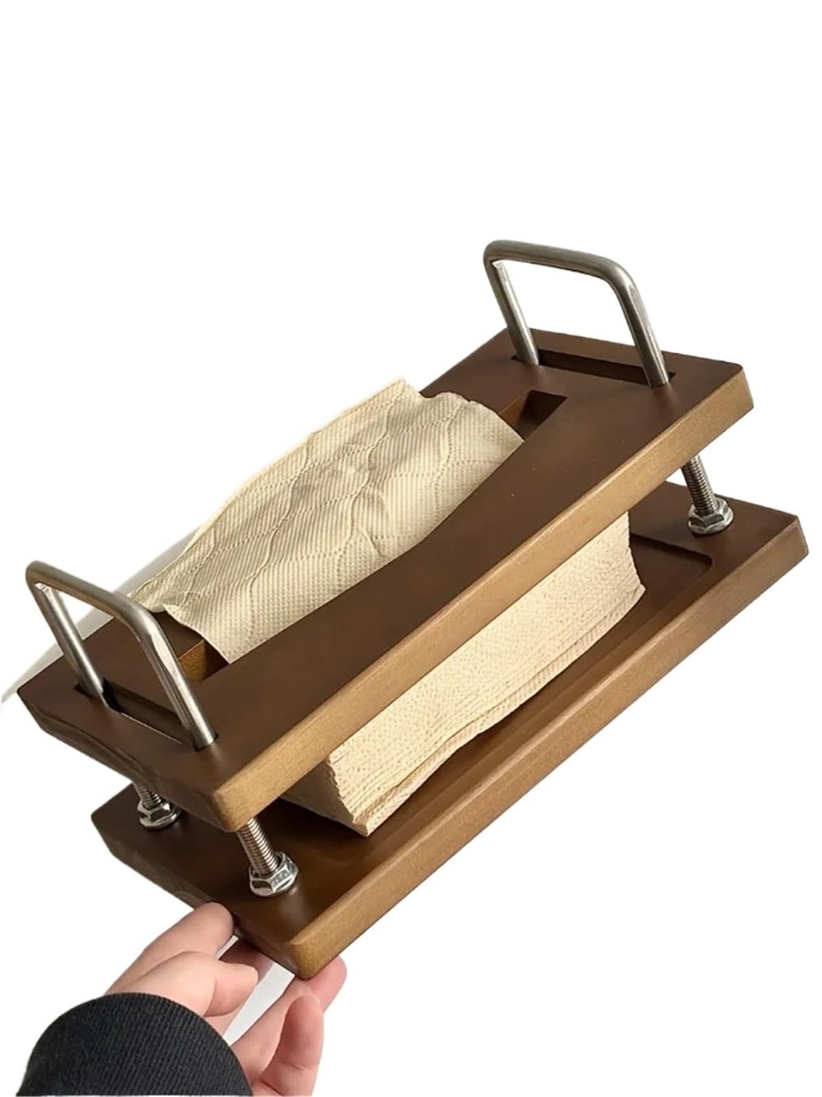 Servilletero Madera Caja de pañuelos madera maciza, soporte for papel cocina, almacenamiento bombeo, servilleta, tipo suspensión café(Square buckle brown)