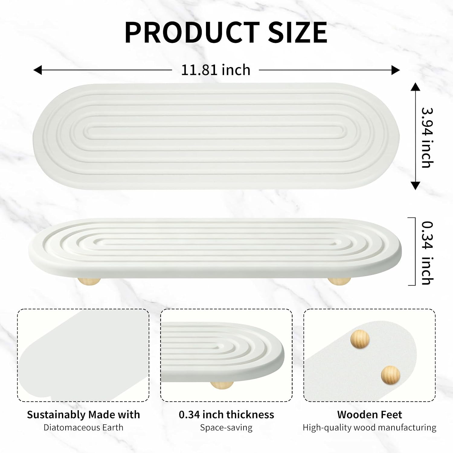 Absorbent Diatomite Sink Tray with Detachable Wooden Feet (White)