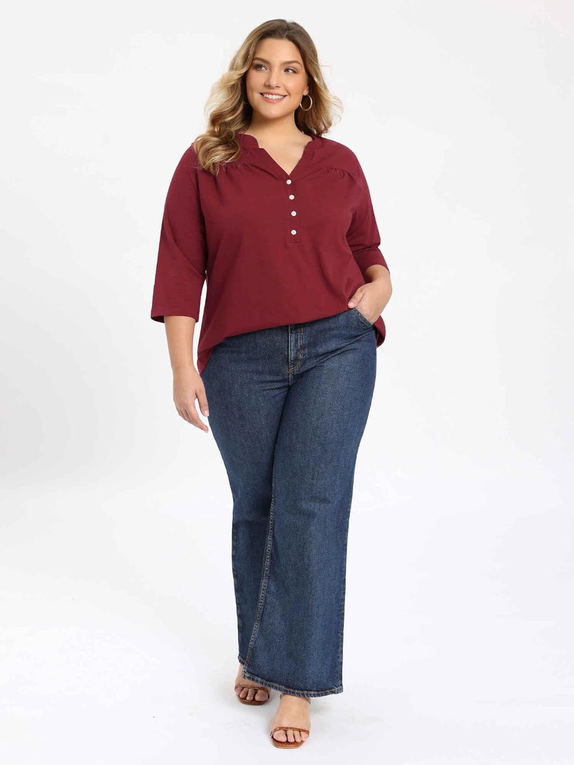 Plus Size Tops for Women Notch Neck Pleated Button Front Shirts 3/4 Sleeve Dressy Casual Blouses - Image 2