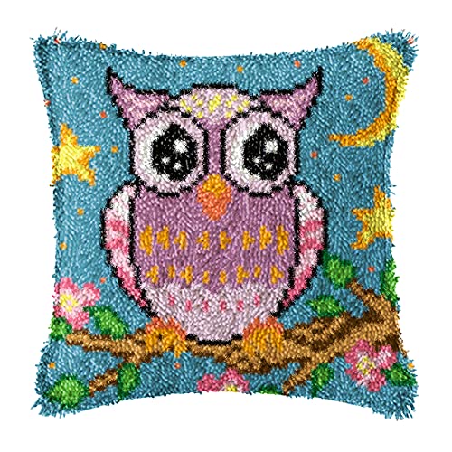 DIY Latch Hook Kits Throw Pillow Cover Cute Owl Rug Pattern Printed, Crochet Needlework Crafts for Kids and Adults 17" X 17"