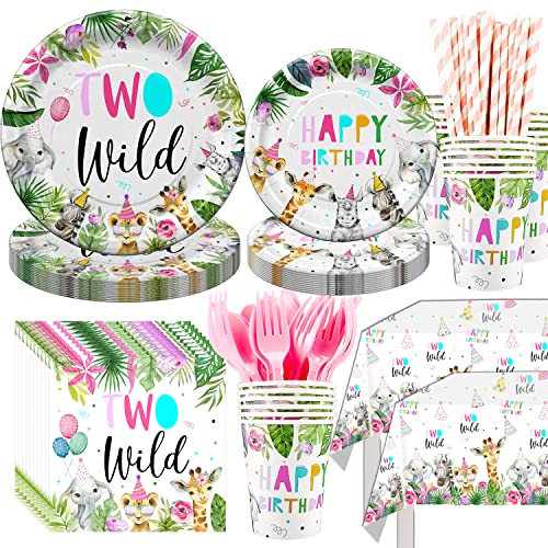 HIPEEWO Two Wild Birthday Party Supplies Tableware Girl Safari Jungle Theme 2nd Decorations Include Plate Cup Napkin Tablecloth Straws Cutlery Two Wild Dinnerware | Serve 24