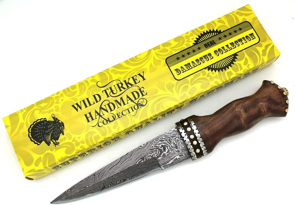 Wild Turkey Handmade Custom Real Damascus Collection Scottish Outdoor Hunting Knife (Brown)