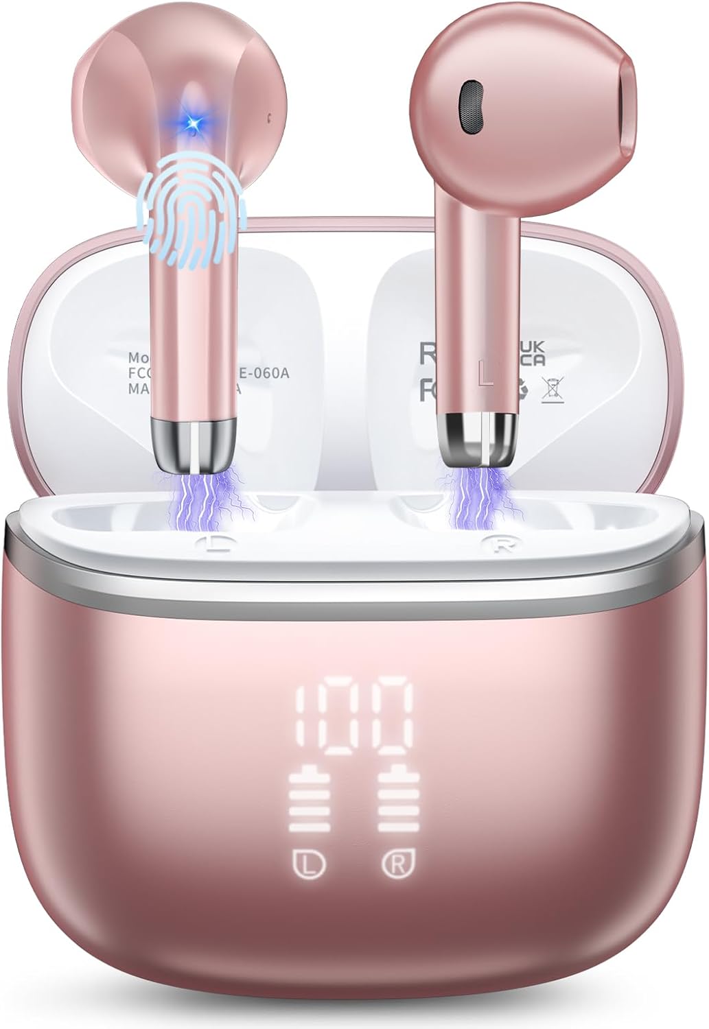 Wireless Earbuds, Bluetooth 5.4 Headphones HiFi Stereo, ENC Noise Cancelling Mic, 48H Playtime Headphones Wireless with LED Display, IPX7 Waterproof Bluetooth Earbuds for Sports, Work, Rose Gold