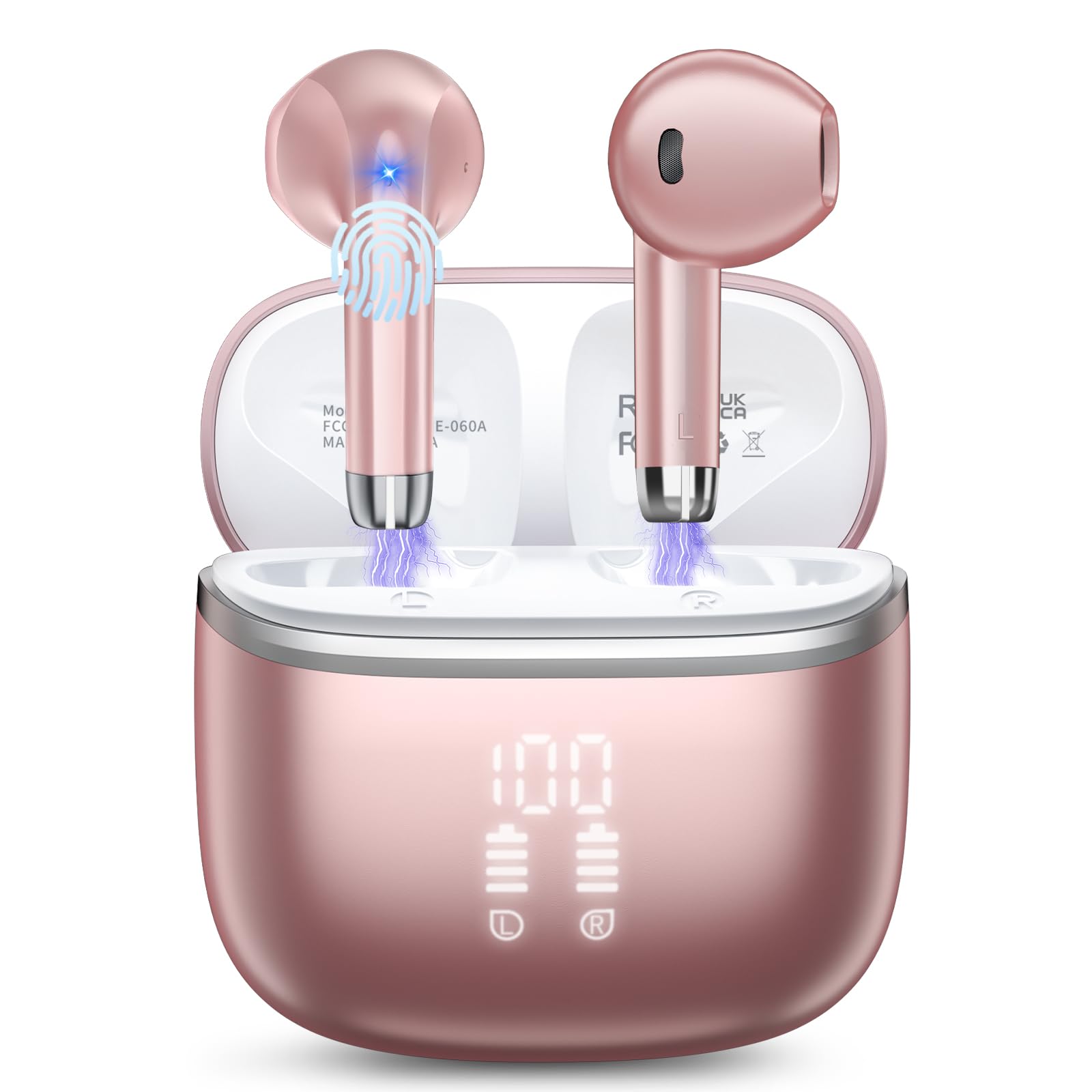Cuffie Bluetooth, Auricolari Bluetooth 5.4 Cuffie Wireless In Ear con microfono stereo ENC HD, cuffie wireless bluetooth 50H, Cuffiette Wireless IP7 Impermeabile con Display LED, Oro rosa