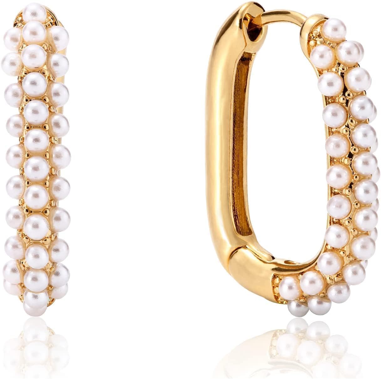 Gold Pearl Hoop Earrings for Women | 18K Gold Huggie Dangle Earrings | Lightweight Small Hoop Earrings
