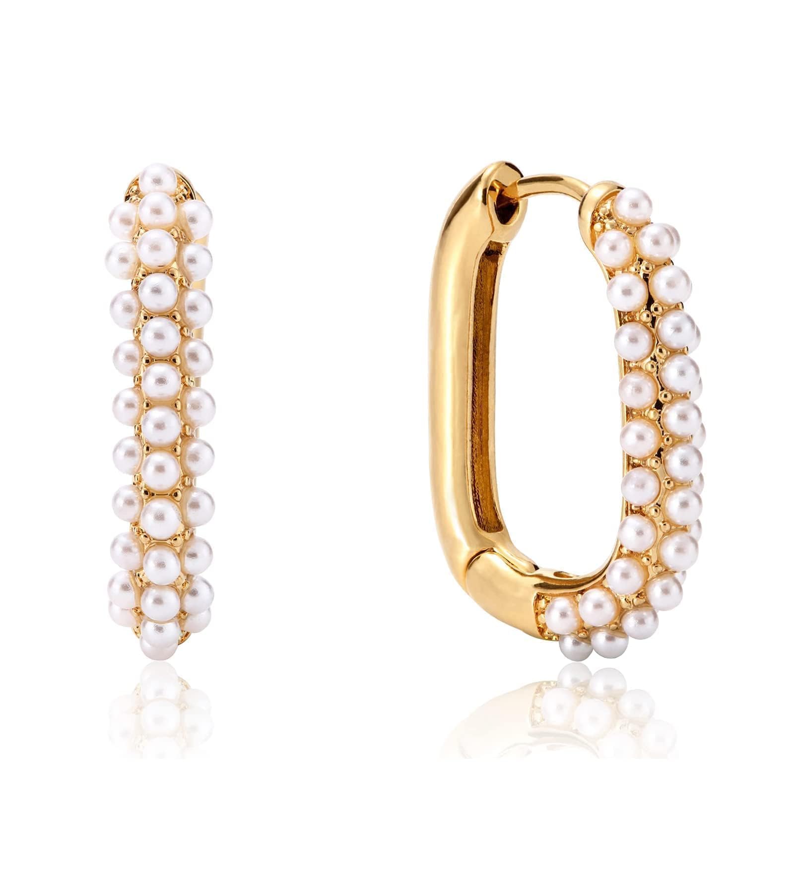 Gold Pearl Hoop Earrings for Women | 18K Gold Huggie Dangle Earrings | Lightweight Small Hoop Earrings