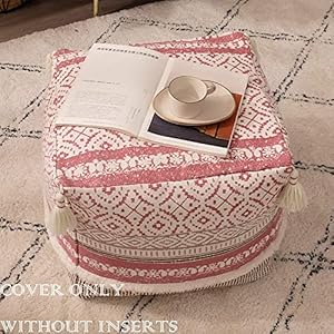 blue page Boho Tufted Decorative Unstuffed Pouf - Farmhouse Casual Ottoman Pouf Cover with Big Tassels, Handwoven Foot Rest/Cushion Cover ONLY for Bedroom Living Room, 18"x18"x16", Pink blue page Boho Tufted Decorative Unstuffed Pouf Farmhouse Casual Ottoman Pouf Cover with Big Tassels Handwoven Foot RestCushion Cover ONLY for Bedroom Living Room 18x18x16 Pink