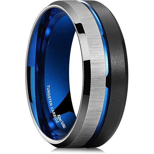 King Will LOOP Mens Women Tungsten Carbide Wedding Band 6mm/8mm Ring Black Silver Blue Brushed Gold Groove Tungsten Rings Comfort Fit
