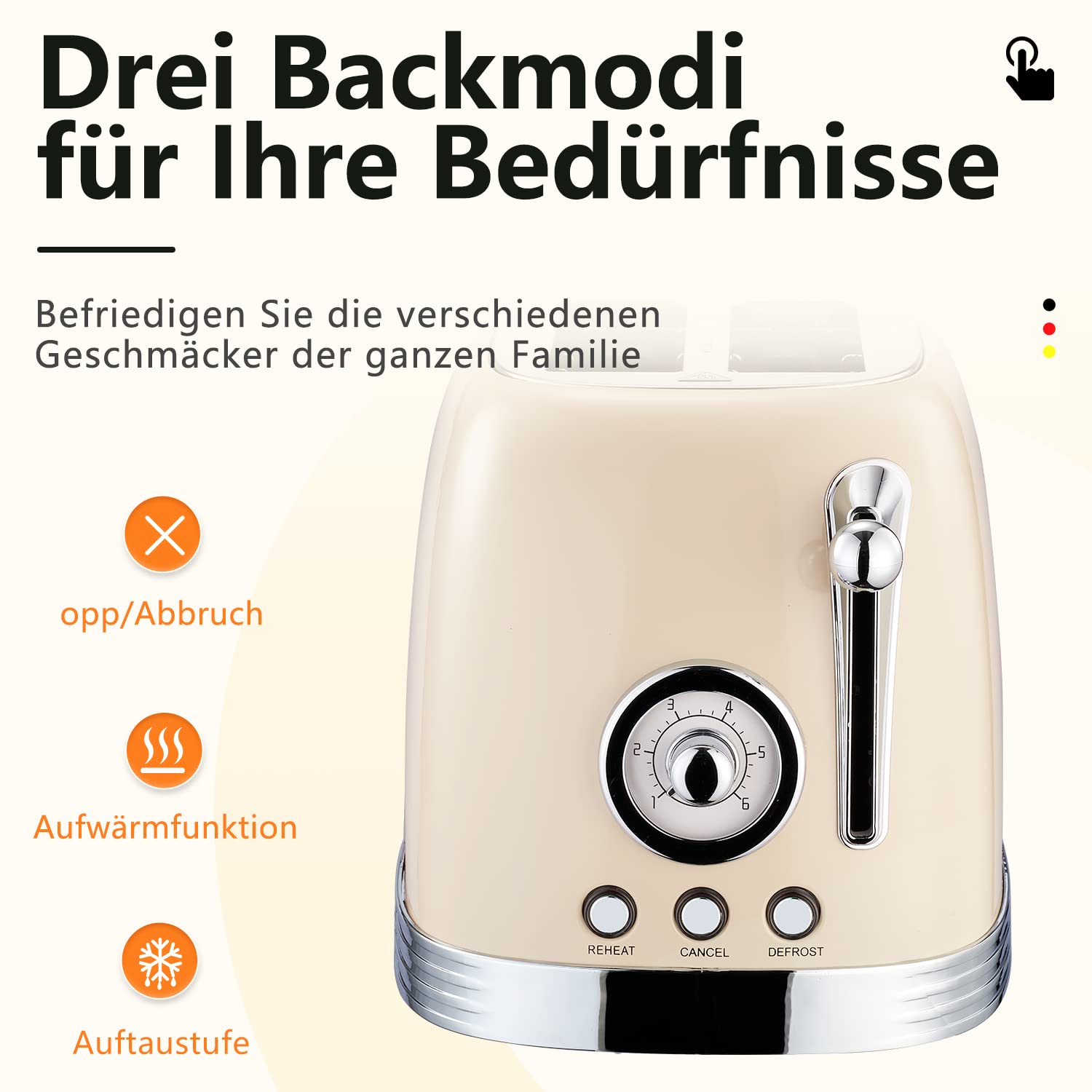Wiltal Toaster 2 Scheiben, Retro, mit Brötchenaufsatz, mit Deckel aus Edelstahl, Vorheiz-, Auftau- und Abbruchfunktion, Countdown-Timer-Anzeige, Schnell-Toaster(Cremeweiß)