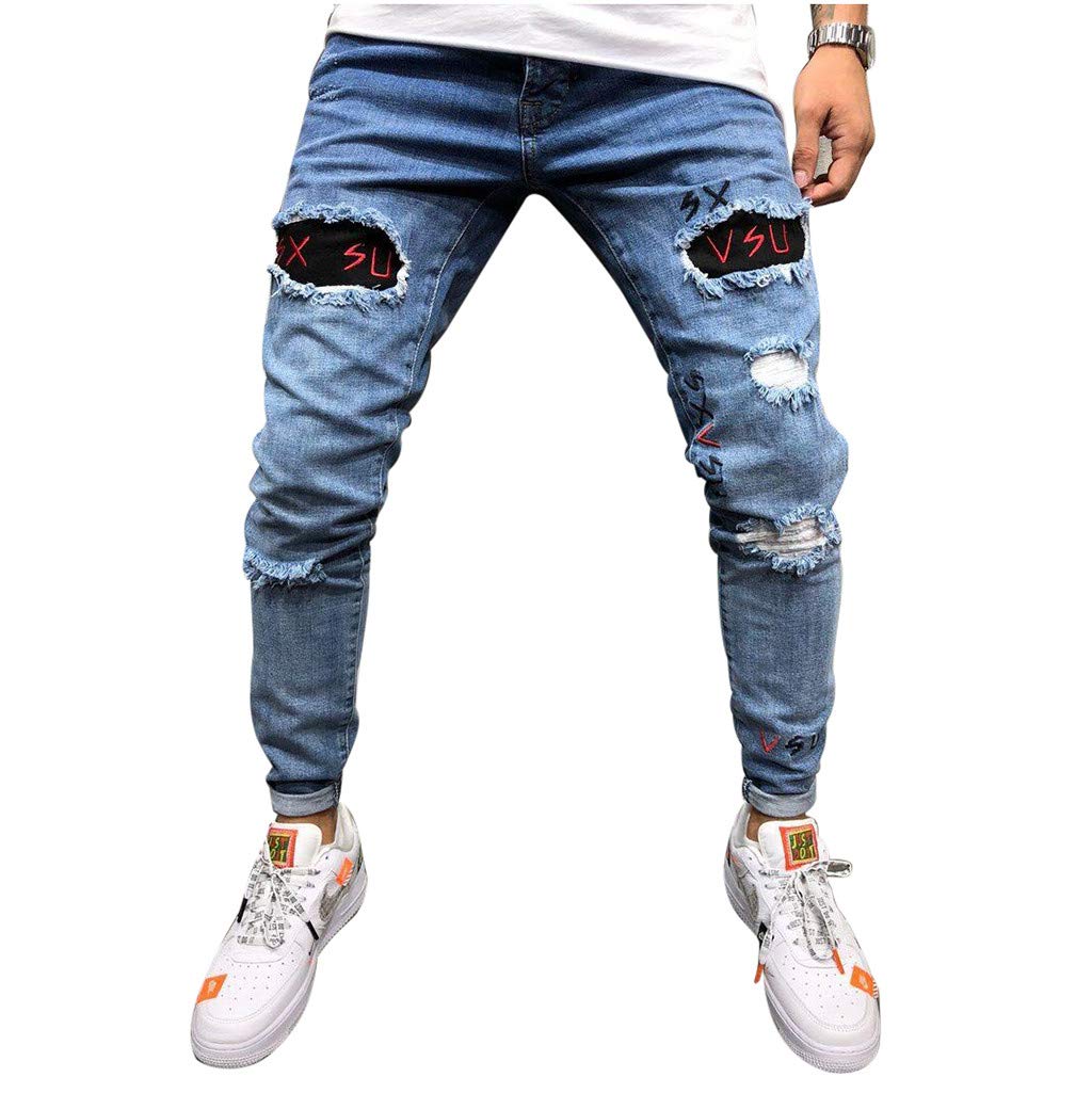 SDGRPocket Cotton Men's Straight Jeans Fashion Hole Trouser Pants Denim Distressed Men's Pants 511 Slim Fit