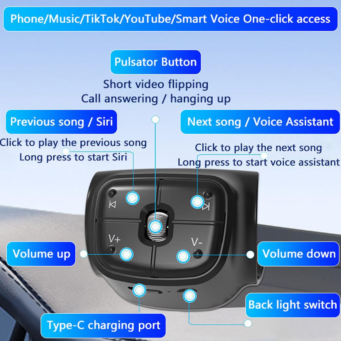 TikTok - Telecomando Bluetooth per auto, bici, moto, pulsante di controllo del volante, batteria ricaricabile integrata, compatibile con iPhone e telefoni Android