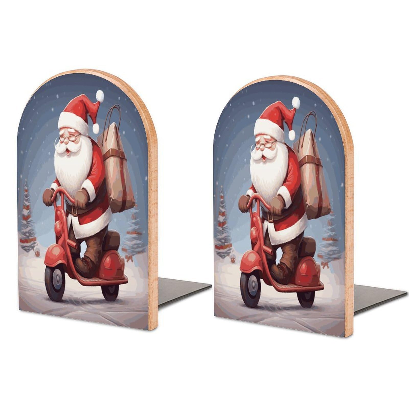 Santa Claus on Scooter Bookend for Shelves Non-Skid Book Holder Modern Heavy Duty Bookend Stopper Metal Base Wood Book End Books Shelf Holder Home Decorative 1pair 5x3.9x3.1