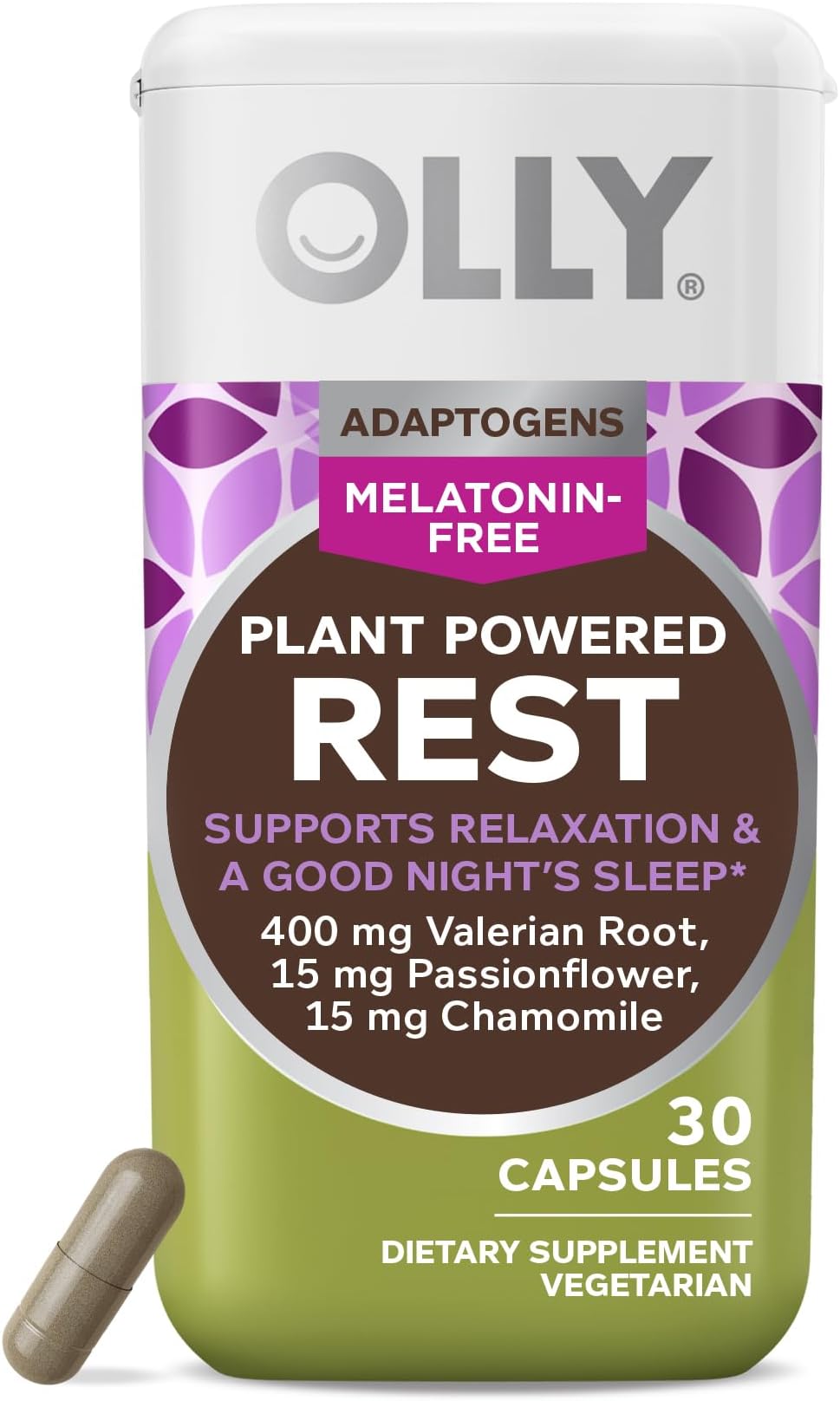 OLLY Sleep Aid Adaptogen, Valerian Root, Chamomile, Melatonin-Free, Sleep Support Supplement, Vegetarian, 30ct Capsules