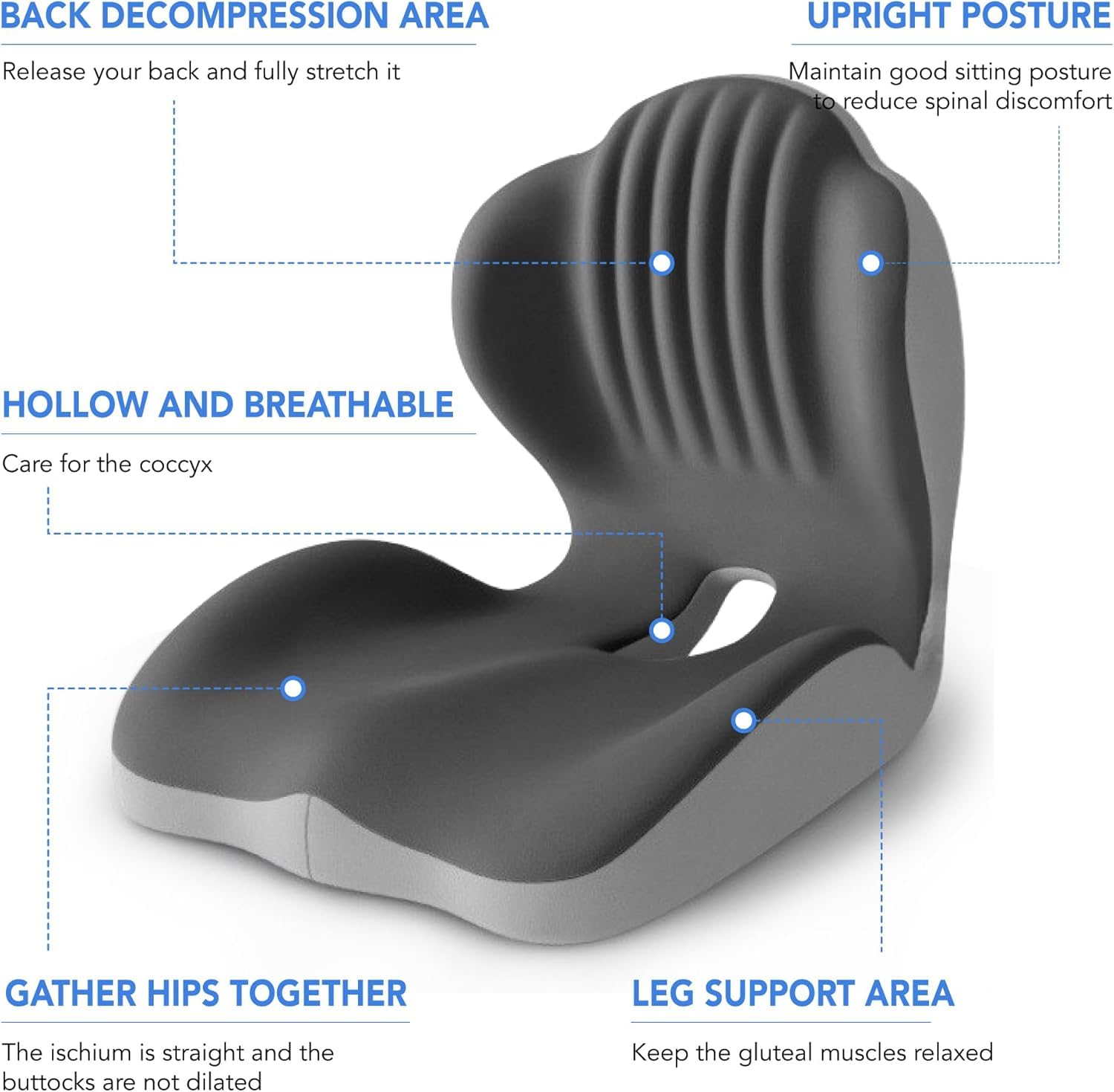 Coussin de soutien lombaire et siège ergonomique, coussin en mousse mémoire 2 en 1 avec conception creuse Coccyx pour chaise de bureau, siège de voiture, utilisation à la maison (Double gris)