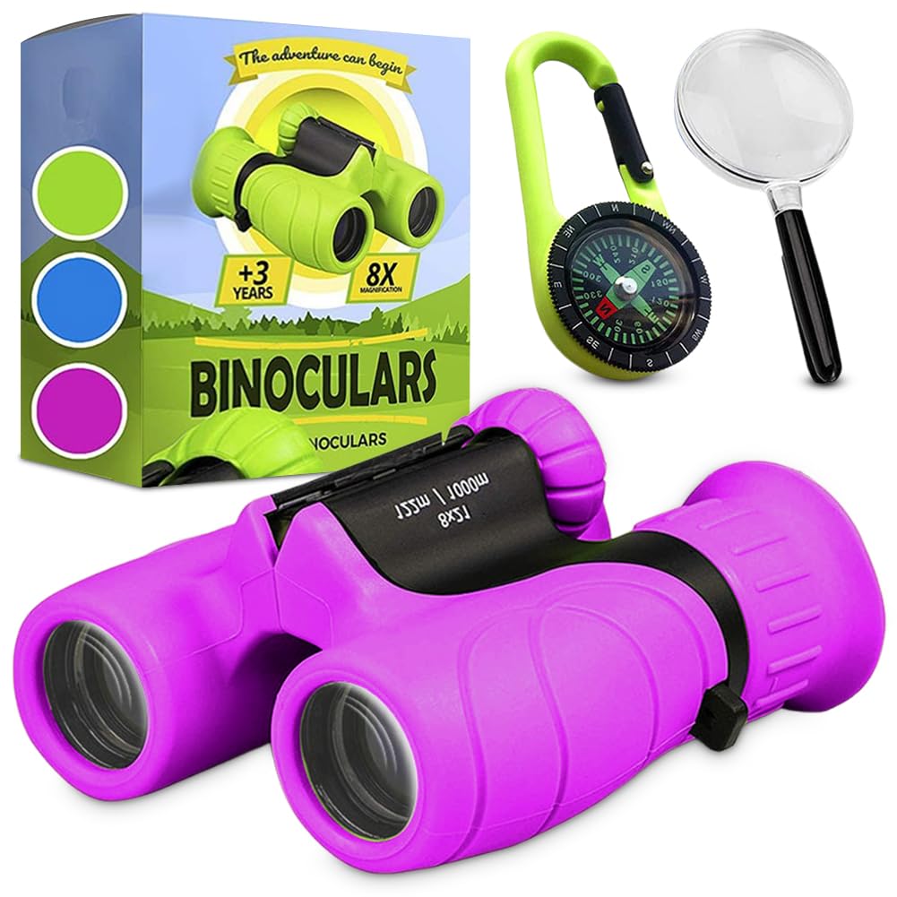 Binocolo per bambini, regali per bambini per bambini e bambine, forte ingrandimento 8X21, binocolo con lente d'ingrandimento e bussola, giocattolo per 3-12 anni (viola)