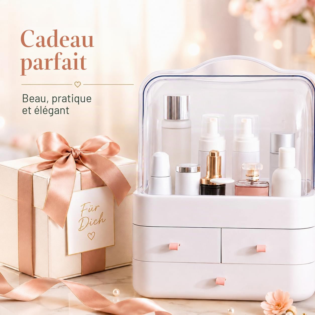 RMAN® Rangement Maquillage Organisateur avec Tiroirs et Couvercle Transparent Rotatif à 180 ° Rangement Parfum pour Coiffeuse, Salle de Bain, Chambre, Parfait pour Cadeaux de Noel (Rose)