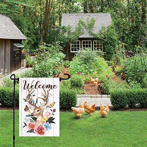 Wpctyq Deer Welcome Garden Flag Welcome Sign Garden Flag Flower Flag Deer Garden Flag Small Vertical Watercolor Deer Big Antlers Flowers And Butterfly On The Horns Yard Outdoor Decor Double Sided 12.5 X 18 Inch #TOP2