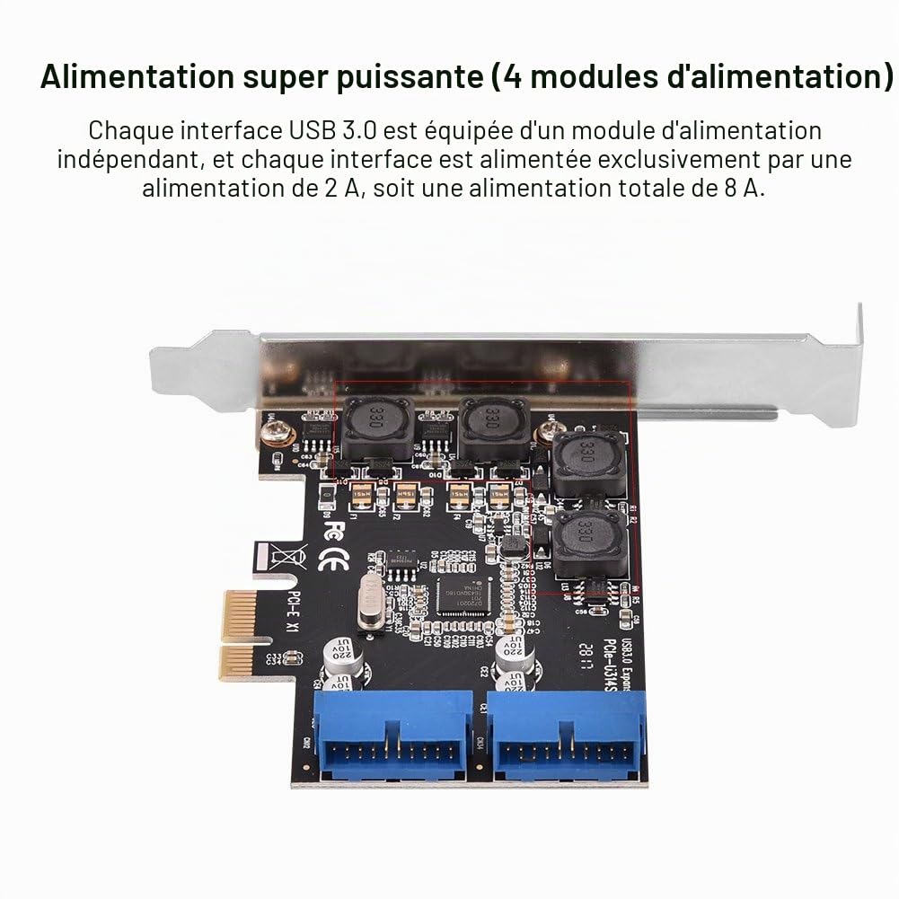 PCI-E Carte Adaptateur, ASHATA Carte Controleur PCI Express (PCI-E) vers 2 Ports USB 3.0 à 19 Broches pour l'emplacement PCI-E X1 X4 X8 X16